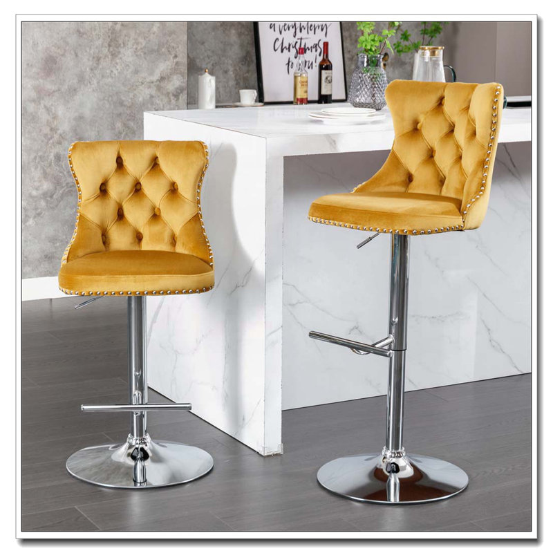 Tabourets de bar pivotants en velours à hauteur de siège réglable, Doré, Silver