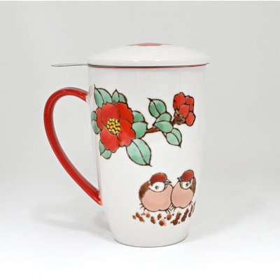 Twin Sparrows Florals 15Oz Porcelain Tea Mug With Lid & Stainless Steel Infuser