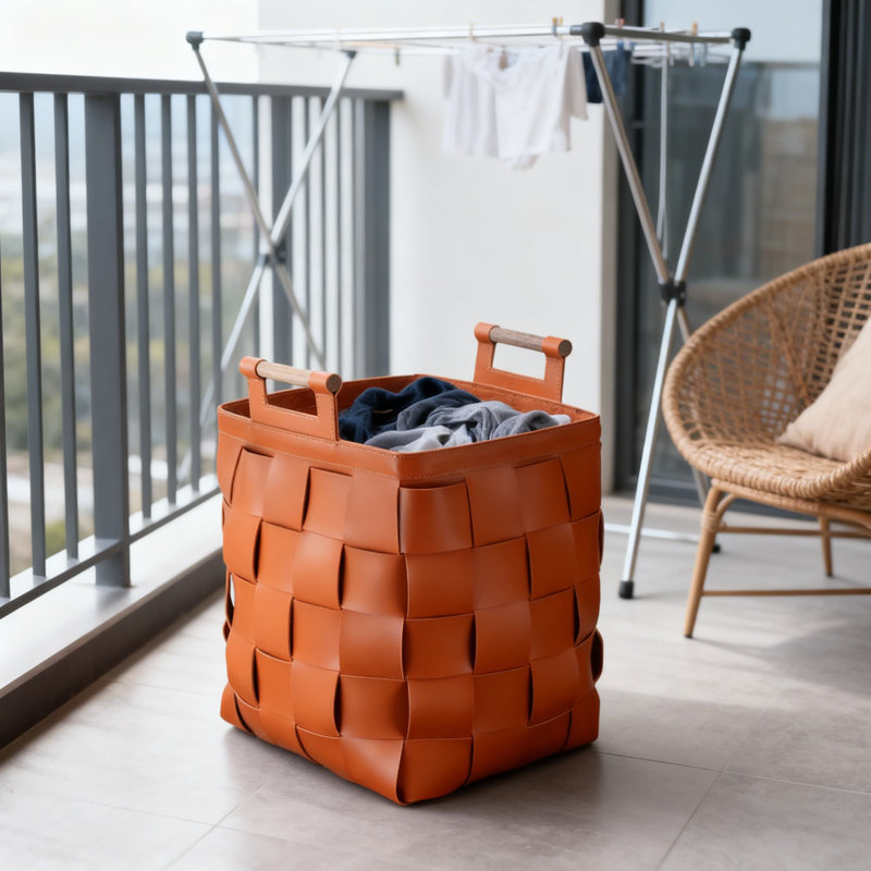 Premium Woven Leather Storage Basket - Durable Laundry Hamper For Bathroom & Living Room - Waterproof & Stain-Resistant Organizer With Handles For Home & Commercial Use