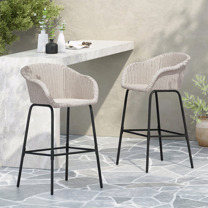 Set Of 2 Outdoor Patio Barstool, Metal PE Wicker Light Gray Faux, Light Gray
