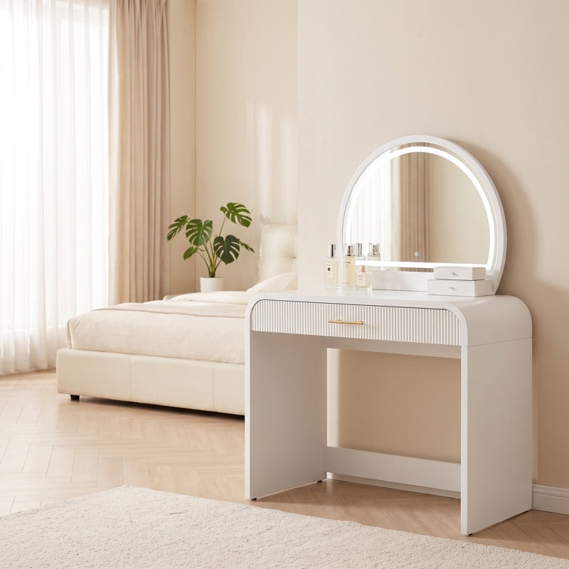 Élégant meuble-lavabo crème de 39 pouces avec miroir lumineux à écran tactile et tiroirs spacieux - Parfait pour le décor de votre chambre à coucher
