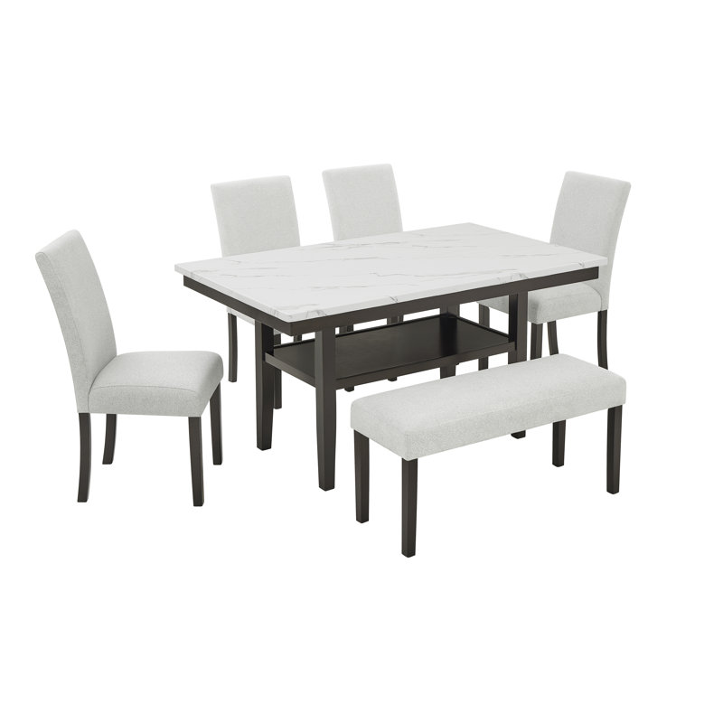 Ensemble de table de salle à manger en bois 6 pièces Wyncote avec 4 chaises et banc, gris pierre
