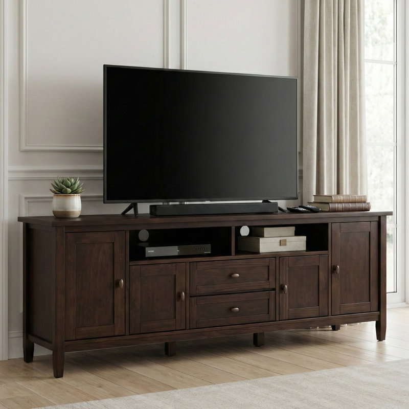 Warm Shaker 72"W Solid Wood Transitional TV Stand for TVs up to 80" with 4 Cabinets, 1 Drawer, and Flip-Down Compartment