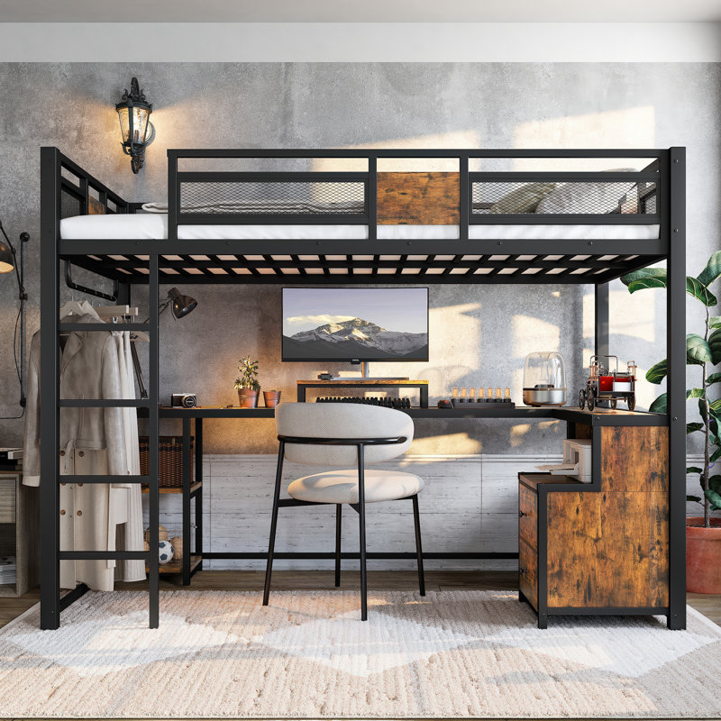 Twin XL Loft Bed with Desk & Storage, Metal Frame with Non-Woven Fabric Drawers, Noise-Free, Black