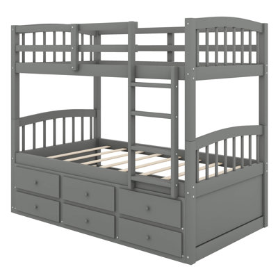 Space-Saving Twin Bunk Bed With Ladder, Safety Rail And Twin Trundle Bed Equipped With Three Drawers