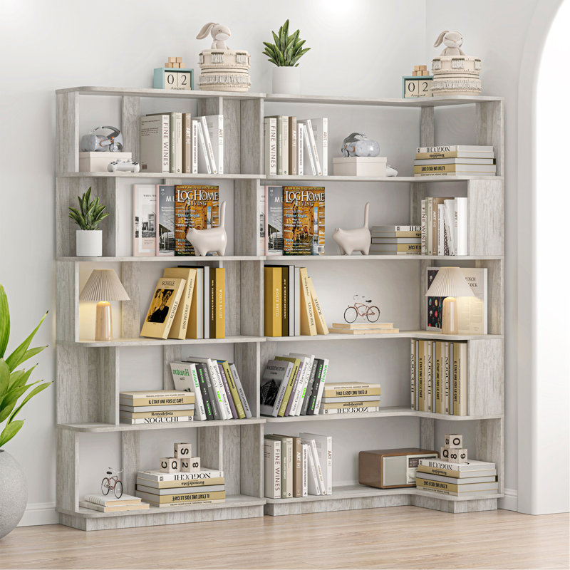 Bibliothèque d'angle compacte de 90 cm + bibliothèque libre extensible de 80 cm, ensemble de 2 présentoirs, Gris clair