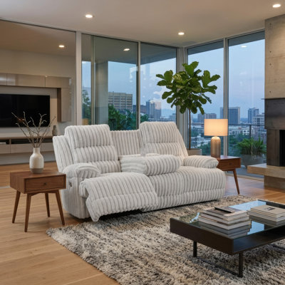 Becca Dual-Power Reclining Sofa with Drop Down Table, Off White Corduroy 91 Inch