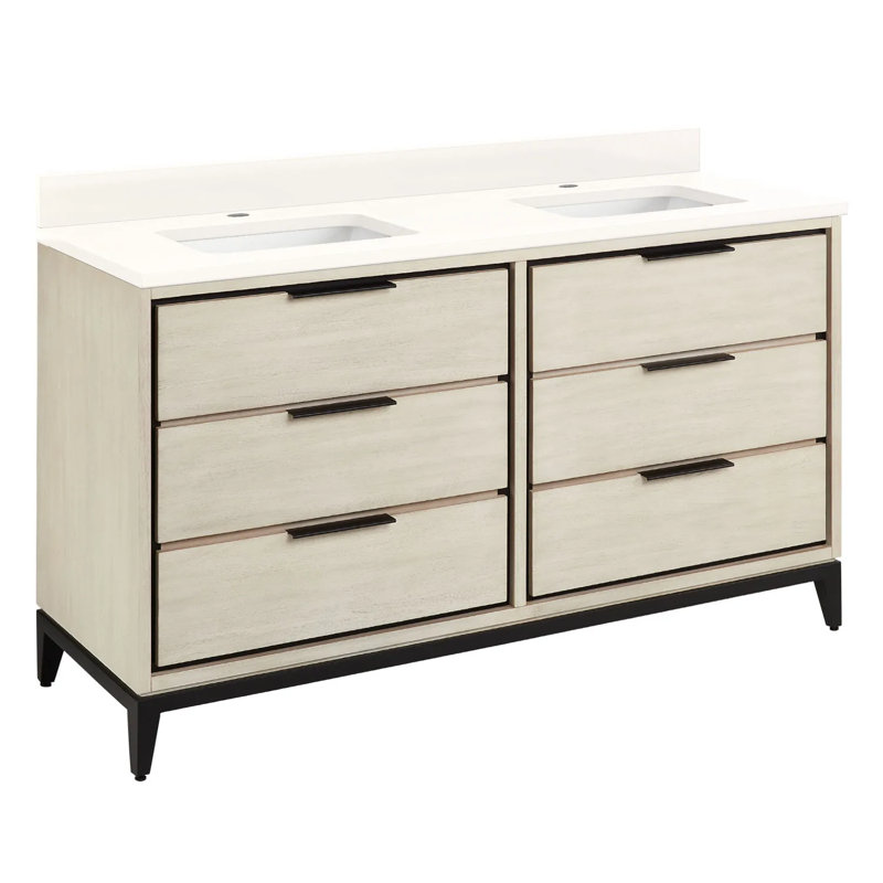 60" Hytes Double Bathroom Vanity Set with Rectangular Undermount Sinks, Arctic White Quartz, Sky Gray, 8" Centers