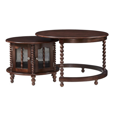 Table basse ronde emboîtable avec portes décoratives en verre en forme de bambou, pieds rétro perlés et espace de rangement
