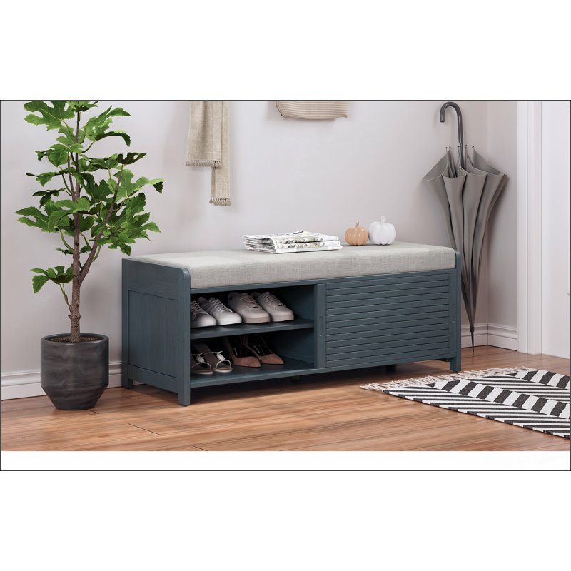 Banc de rangement à volets vieillis avec placage d'acacia pour un charme rétro pour le salon, le vestibule (), Marine