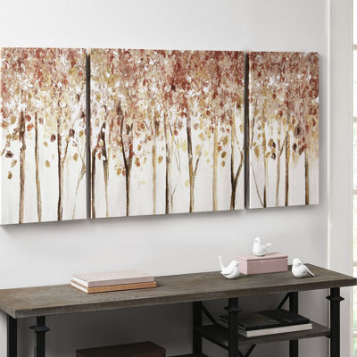 3 toiles murales - thème forêt d'automne, ornement intérieur de maison, textures peintes à la main, crochets, 27 po x 27 po et 13,5 po x 27 po, lustre rouge, toile, décor texturé en gel, détails, principale + 2 x 13,5 po x 27 po Sur le côté