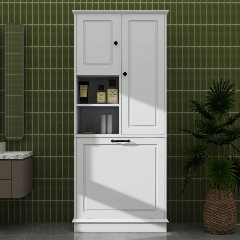 67.7" Tall Storage Cabinet With Flip-Out Basket, Adjustable Shelves & 2 Doors, Freestanding Floor Cabinet With Aluminum Alloy Handles