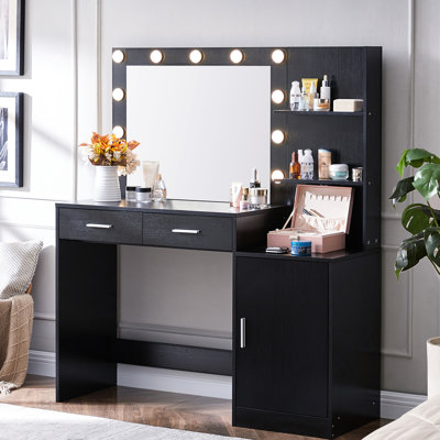46.4In Dressing Table With Mirror And Lights - Vanity Desk 2 Large Drawers & Vertical Organizer, 3 Level Dresser, Adjustable Brightness Lighting Modes For Bedroom  Black