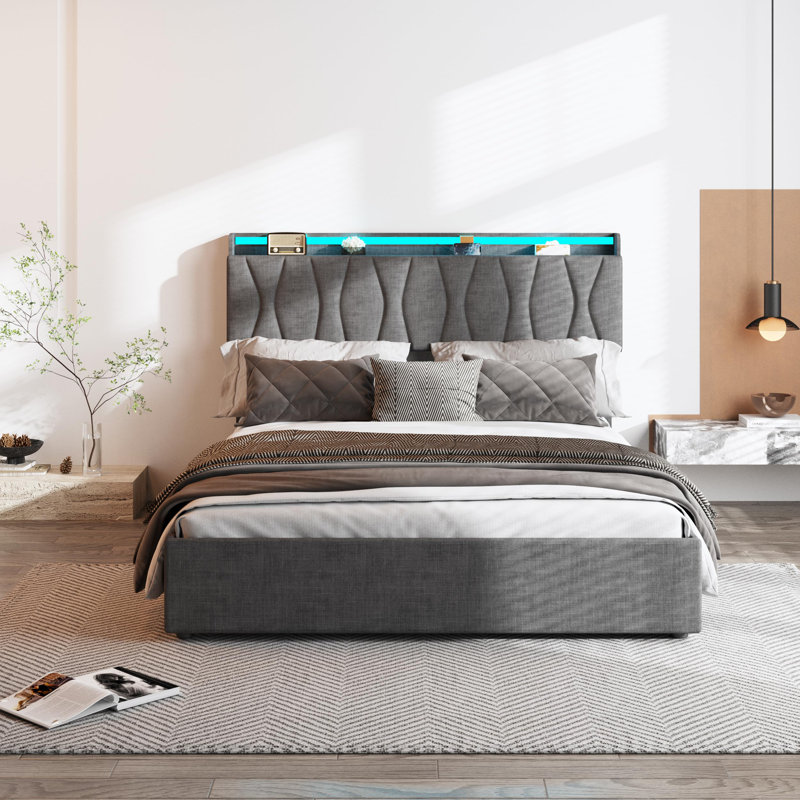 Lit plateforme tapissier Kamdin, Gris foncé, Double
