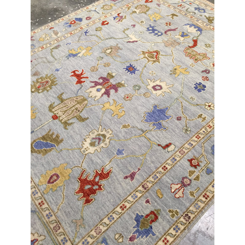 Tapis gris / bleu en laine noué à la main, Rectangle de 10 pi x 14 pi