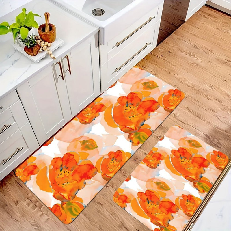 White Orange Floral Kitchen Mats, 2 Pack for Bright Home Decor