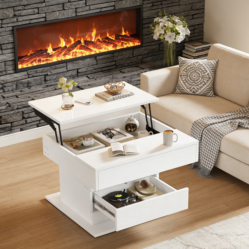 Table basse à plateau relevable avec tiroir et compartiment caché, Blanc