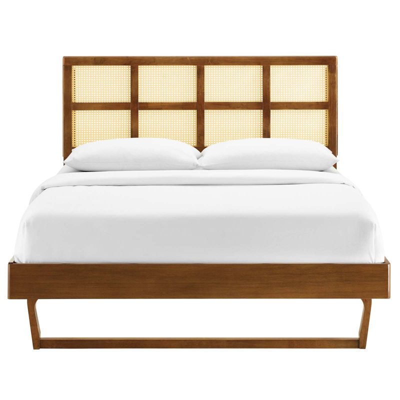 Modway Sidney Cane and Wood Platform Bed with Angular Legs, Walnut, Queen