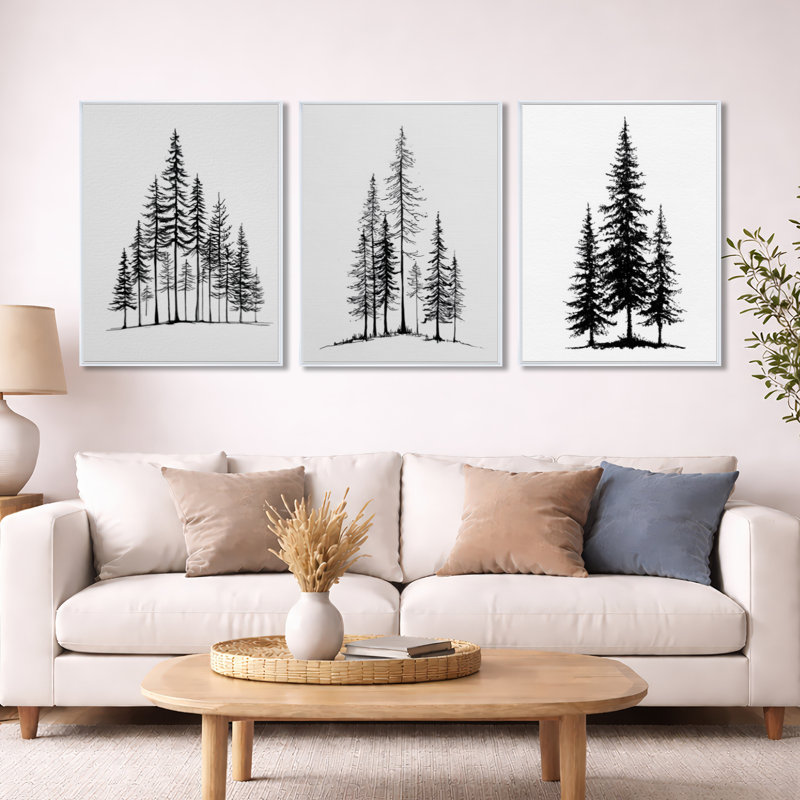 «Pine Tree Forest in Winter Wonderland - Pine Trees», ensemble de 3 reproductions sur toile encadrées, H 32 po x l 72 po