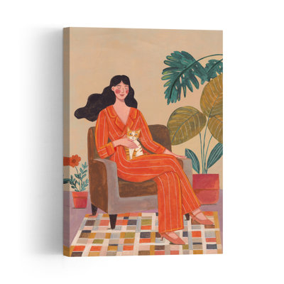 Woman With Cat In Living Room With Warm Earth Tones Peaceful Serene Tranquil Cat Wall Art Print 1 Piece Wrapped Canvas Wall Art