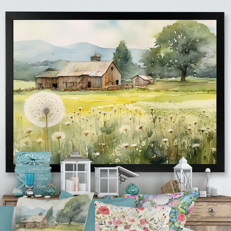 «Framhouse Dandelion Landscape», reproduction sur toile, Cadre simple noir, H 12 po x l 20 po x P 1 po
