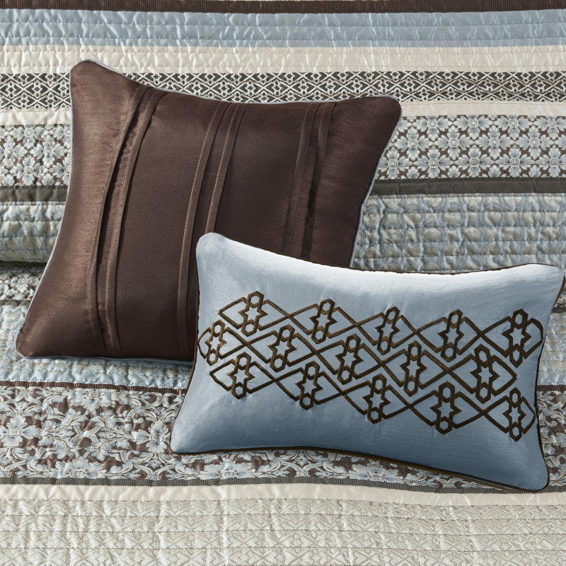 Blue and Brown Reversible Cotton Jacquard Quilt Set, Full