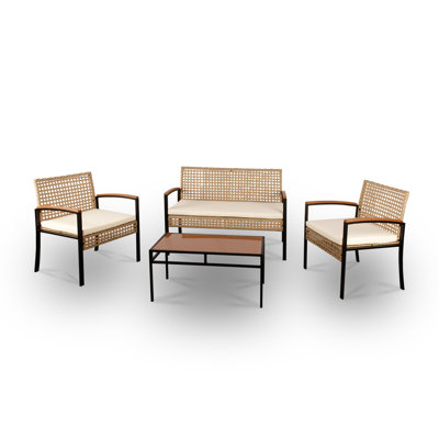 4 Piece Woven Outdoor Patio Set With Creamy White Cushions
