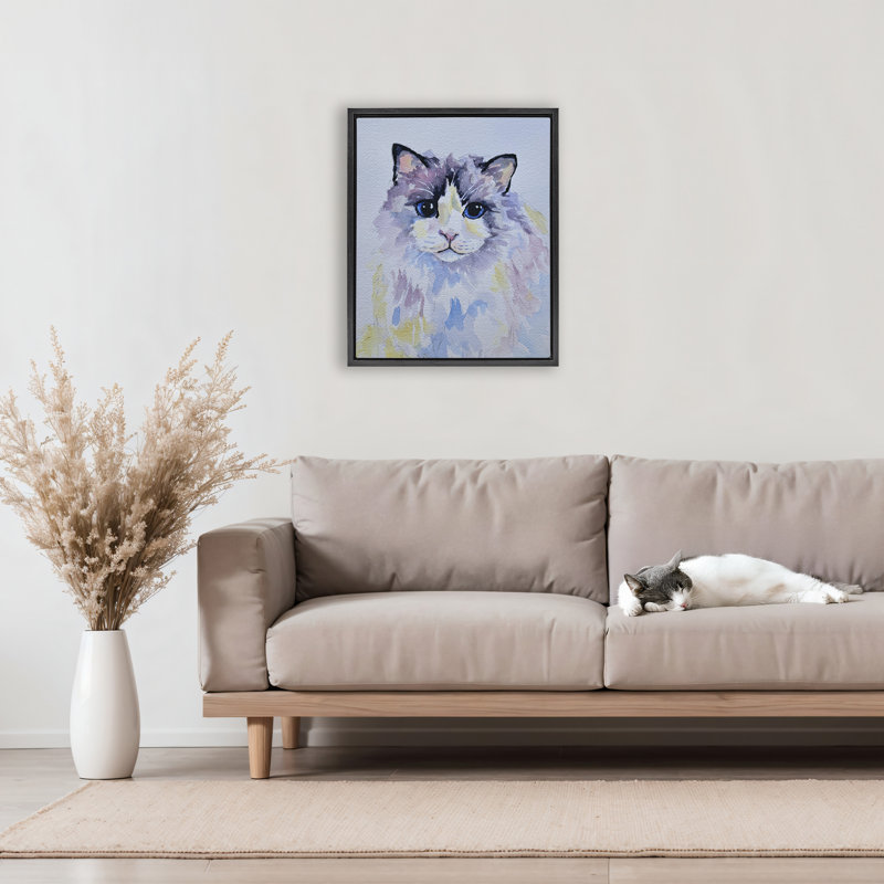 Cadre flottant chat pastel aux yeux bleus, design par Tatiana Roberts, Cadre flottant noir de jais, H 21 po x l 17 po