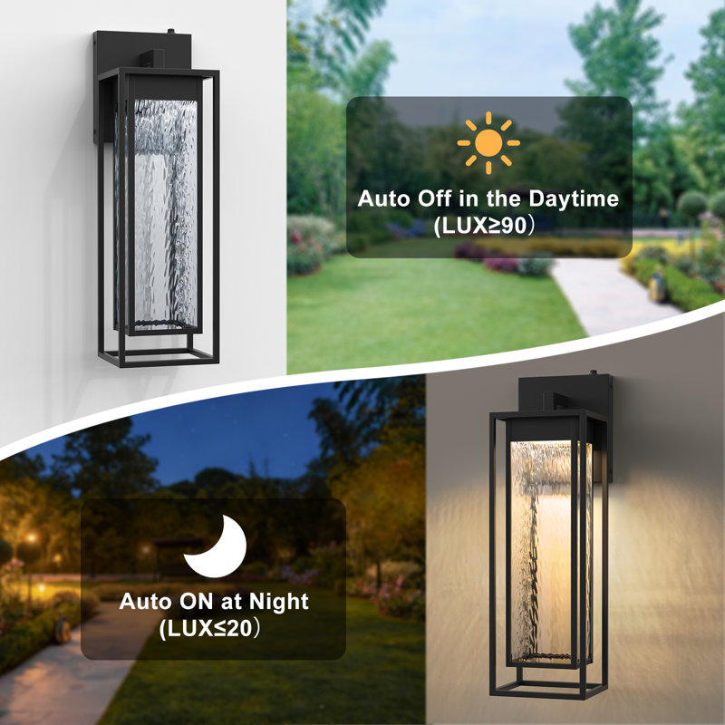 1 - Light 23''H Dimmable Led Black Iron and Water Ripple Glass Outdoor Wall Light with  Dusk to Dawn, Matte Black