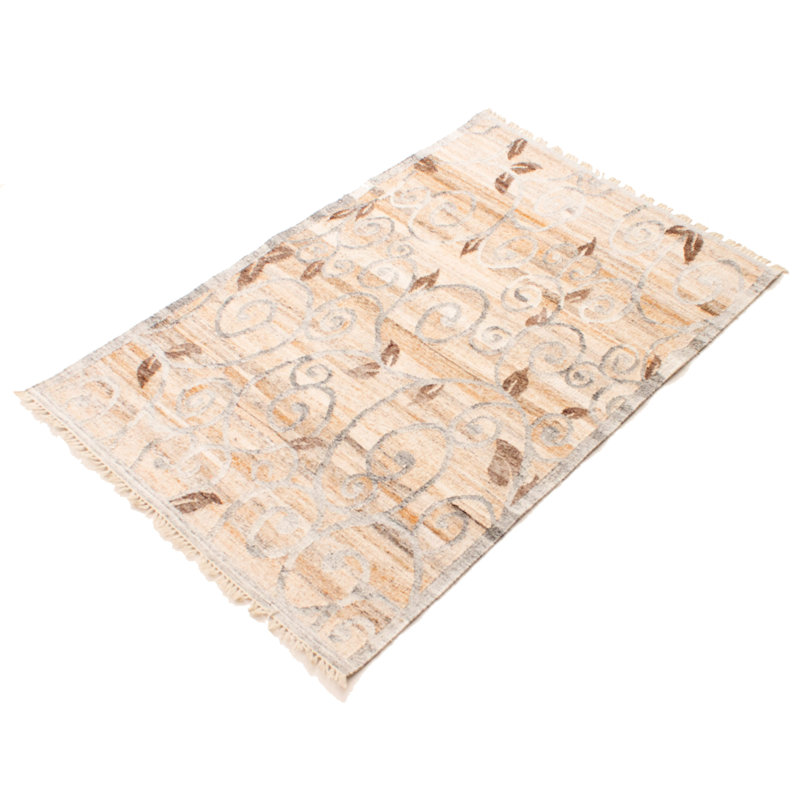 Tapis brun / gris / beige en laine tissé à plat à la main Floral