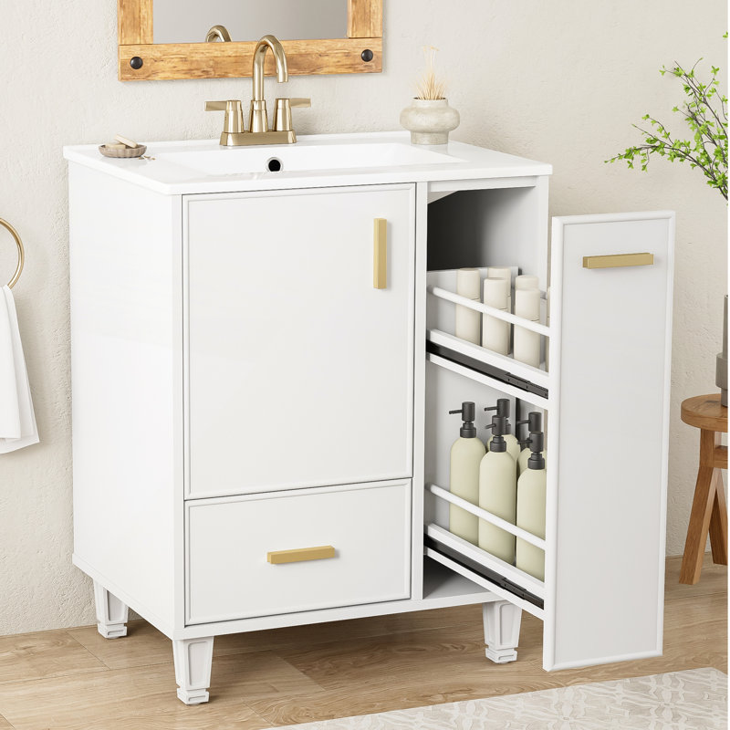 Meuble-lavabo de 24 po avec lavabo, structure en bois massif, tiroir profond et panier coulissant à 2 niveaux, Blanc