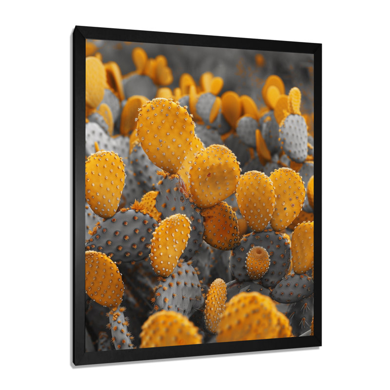 Cactus monochrome jaune gris fleurs du désert II - décoration murale cactus floral, Toile encadrée noire simple
