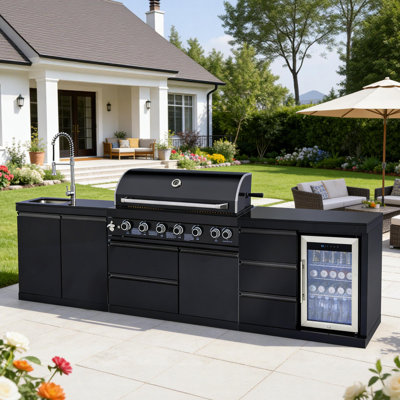 Îlot de cuisine extérieur Barbecue au gaz propane à 6 brûleurs de 114 po de couleur noire en acier inoxydable 304 83500 BTU avec certification CSA, ETL + évier + réfrigérateur