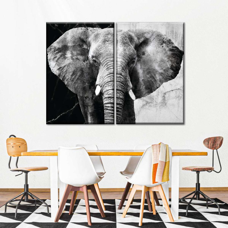 Éléphant noir et blanc, reproduction sur toile, H 12 po x l 17 po x P 1 po
