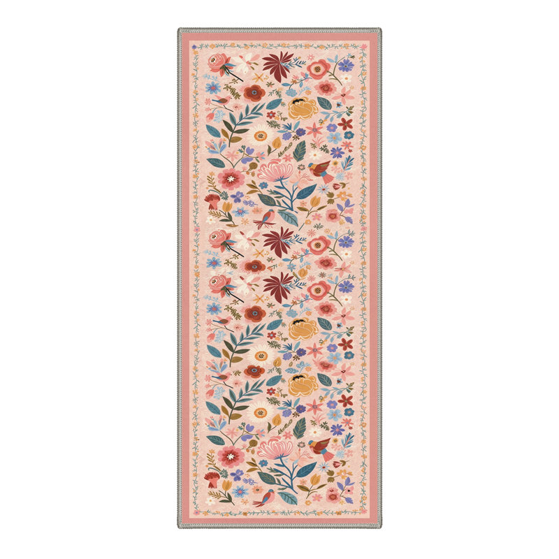 Aarna Aura Floral Machine Washable Pink Indoor Area Rug with Non-Slip Backing, Runner 2'3" x 6'