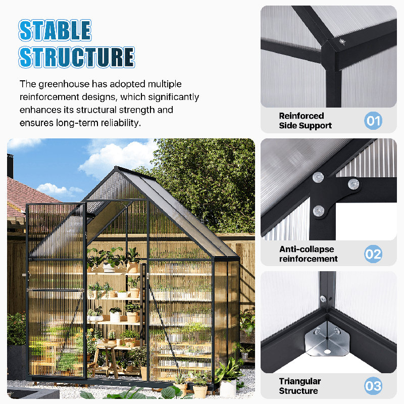6' W X 4' D Polycarbonate Aluminum Frame Greenhouse Kit With Roof Vent, 6' W x 4' D