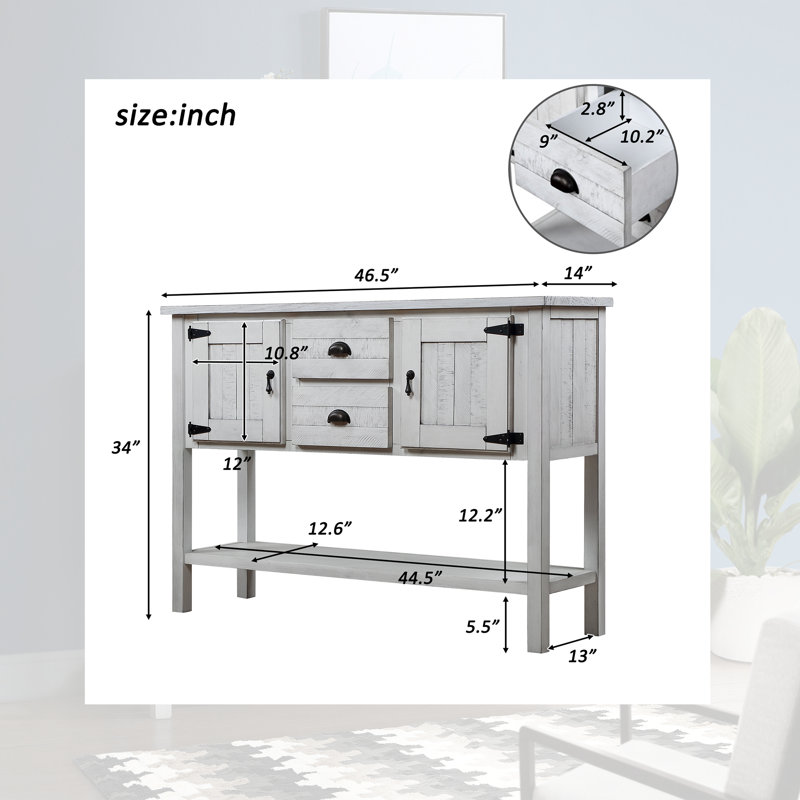 Buffet 48 po en bois massif espresso avec console 2 tiroirs et 2 portes avec tablette inférieure ouverte, White