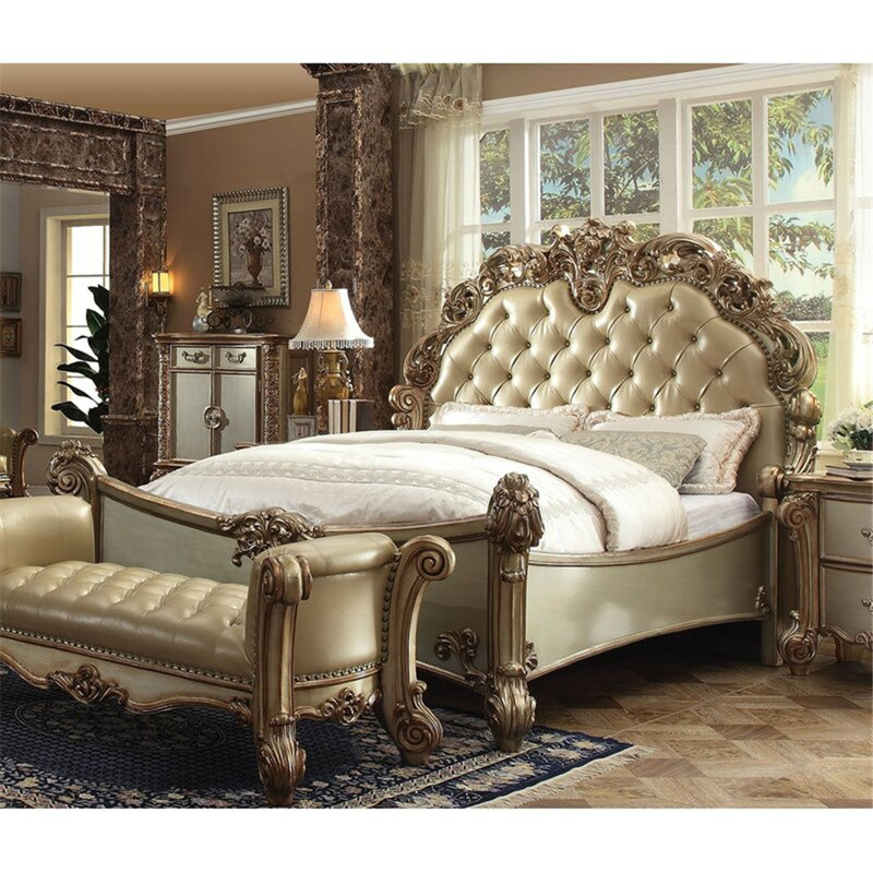 JV Upholstered Sleigh Bed, King, Bone PU/Gold Patina