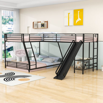 Lit superposé triple en L Geiser, lit superposé simple au-dessus d'un lit double et lit mezzanine simple avec bureau et glissade Geiser