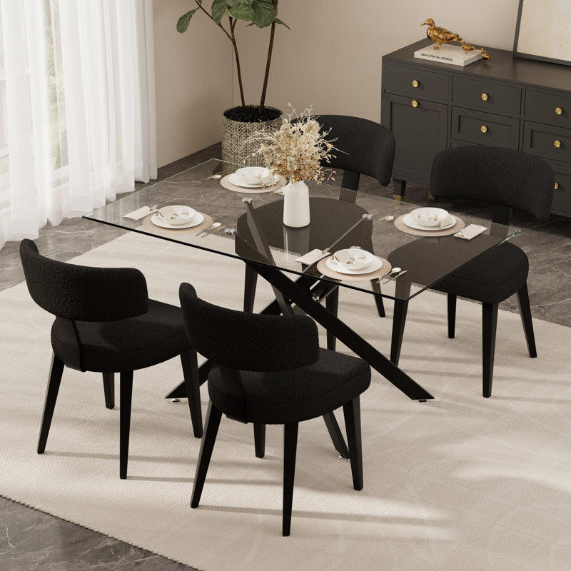 Ensemble de table et chaises de salle à manger modernes en métal chromé et verre, avec chaises de salle à manger de luxe en bouclette.