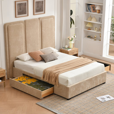 Modern Upholstered Platform Bed with 2 Solid Wood Under-Bed Storage Drawers, Tall 3-Panel Padded Headboard, No Box Spring Required