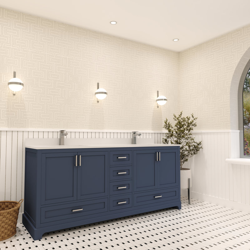 Meuble-lavabo double autoportant 72 po avec plateau en quartz blanc Maya, Bleu marine
