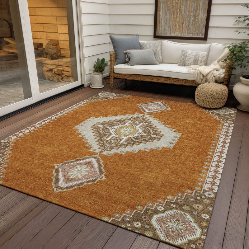 Copper and Beige Rectangular Synthetic Medallion Rug