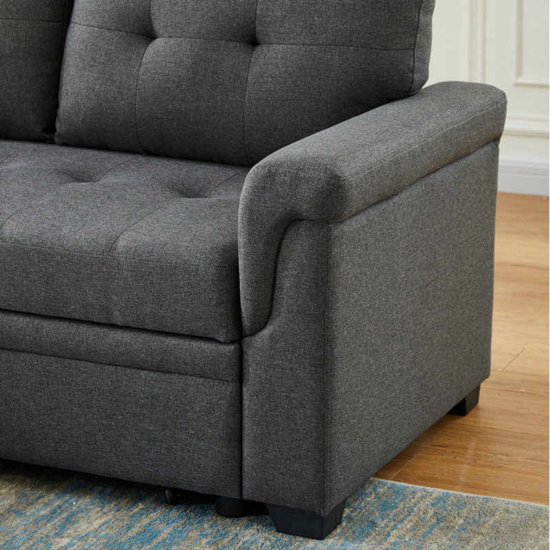 Linen Reversible Sleeper Sectional Sofa With Storage Chaise, Dark Grey Linen, Right Hand Facing, Brown