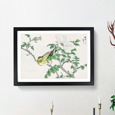 Brown-Eared Bulbul Bird & White Wild Rose by Numata Kashu - Picture Frame Art Print