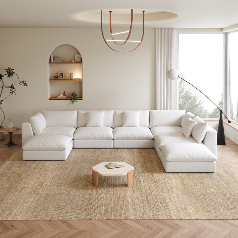Canapé modulaire surdimensionné en U avec repose-pieds 7 pièces 156,7 po, Lin blanc cassé
