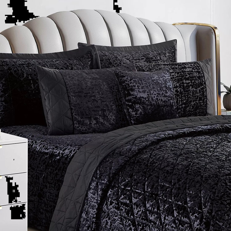 Velvet Bedspread with Pillow Shams, Black, Super King Bedspread+ 2 Standard Shams