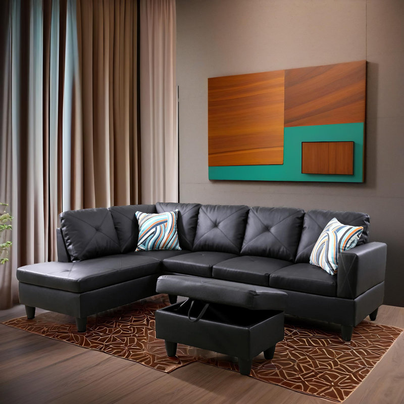 Ensemble de canapé modulaire en cuir 3 pièces avec méridienne et repose-pieds avec rangement Monaco, Similicuir noir