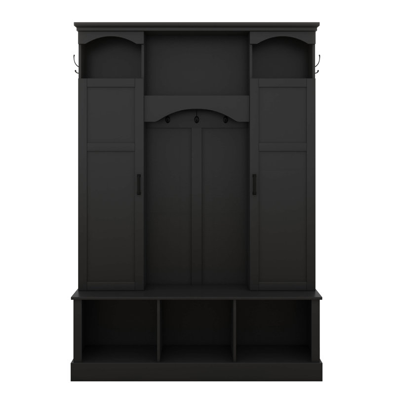 Hall Tree With Bench And Shoe Storage, Hall Tree With Adjustable Shelves, Arched Storage Bench With Cabinets, 7 Hooks, Black