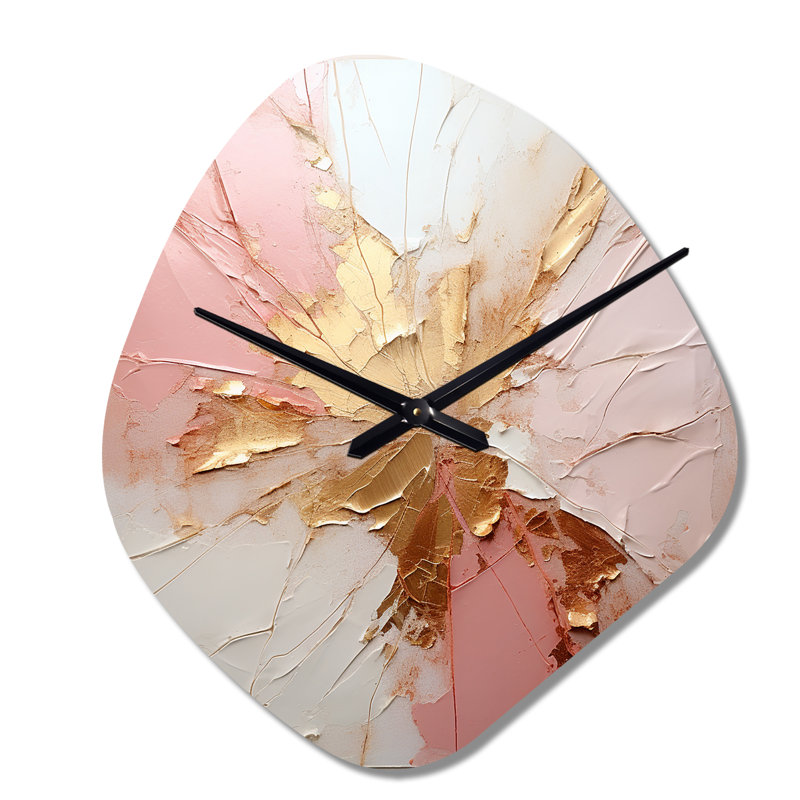 Or et rose, peinture fusion - peinture abstraite horloge murale asymétrique en métal, impression d'horloge murale beige